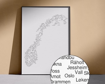 Mapa de nombres de Noruega / Nombres de ciudades Arte mural tipográfico / Póster de visualización de datos / Digital