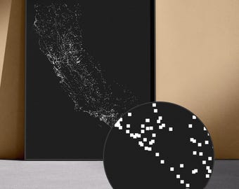 Mapa de luces de ciudades de California (incluye luces y sombras) / Visualización de datos, póster minimalista