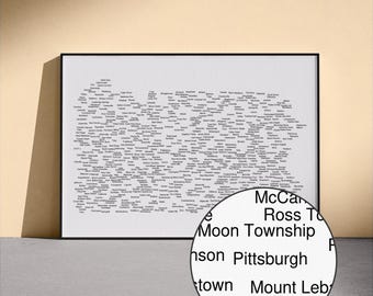 Mapa de nombres de Pensilvania (claro y oscuro) / Póster tipográfico, decoración americana