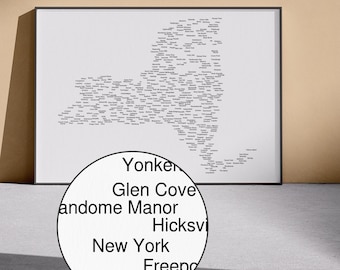 Mapa de nombres de Nueva York (incluye versiones claras y oscuras) / Póster tipográfico, decoración de Nueva York