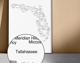 Mapa de nombres de Florida (incluye versiones claras y oscuras) / Póster tipográfico, decoración de pared costera