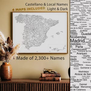 Spanje kaart met namen (2.300+ steden en dorpen) | Mapa de España, kunst datavisualisatie