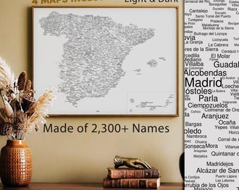 Mapa de nombres de España (más de 2300 pueblos y aldeas) / Mapa de España, Data Visualization Art