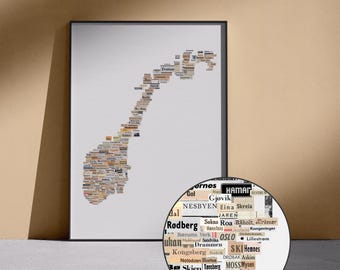Mapa vintage de Noruega (arte artesanal) / Arte mural de periódico, decoración ecléctica