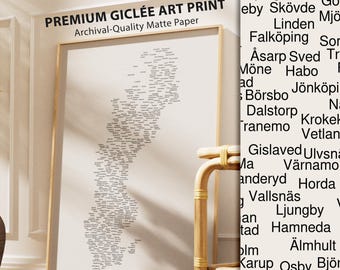 Póster con el mapa de nombres de Suecia / Impresión tipográfica nórdica, Arte mural sueco