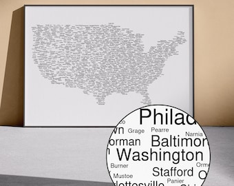Mapa de población de EE. UU. - 48 estados contiguos (claro y oscuro) / Arte de ciudades principales, póster tipográfico