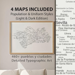 Mappa dei nomi dell'Andalusia (pacchetto di 4 mappe) / Poster di Siviglia, decorazione murale della Spagna