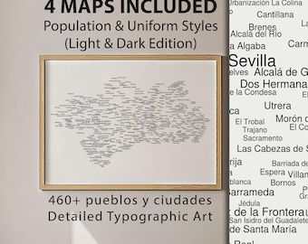 Mapa de nombres de Andalucía (paquete de 4 mapas) / Póster de Sevilla, decoración de pared de España