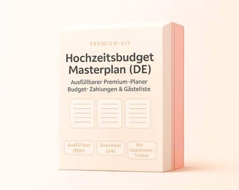 May include: A light-colored box with the text "PREMIUM-KIT" and "Hochzeitsbudget Masterplan (DE)". The box also includes the text "Ausfüllbarer Premium-Planer Budget-Zahlungen & Gästeliste" and icons. The side of the box is a light pink color.