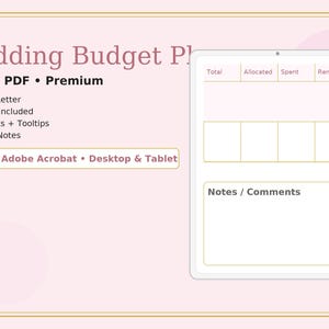 Könnte beinhalten: Ein digitaler Hochzeitsbudgetplaner mit hellrosa Hintergrund. Der Planer enthält Abschnitte für Gesamt-, zugewiesene, ausgegebene und verbleibende Beträge. Er verfügt außerdem über einen Notizen/Kommentare-Bereich. Der Text auf dem Bild lautet "Fillable PDF Premium".