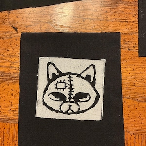 zombie kitty tiny 3x3ish cloth linocut patch