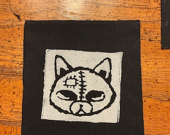 zombie kitty tiny 3x3ish cloth linocut patch