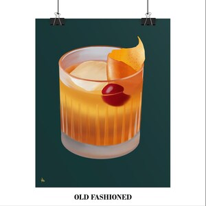 May include: An Old Fashioned cocktail illustration on a dark teal background. The drink is in a clear glass with ice, a cherry, and an orange peel garnish. The words "OLD FASHIONED" are printed at the bottom.