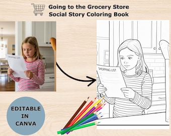 Op de afbeelding: Een kleurboek met sociaal verhaal getiteld "Going to the Grocery Store". De afbeelding toont een meisje dat een boodschappenlijst leest, met een bijbehorende zwart-wit illustratie. De tekst "SHOPPING LIST" is zichtbaar op de pagina. Gekleurde potloden zijn inbegrepen.