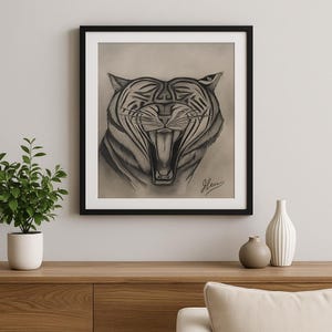 Original Tiger Drawing – 11x14 Graphite Roaring Tiger on Beige Paper –Animal Art