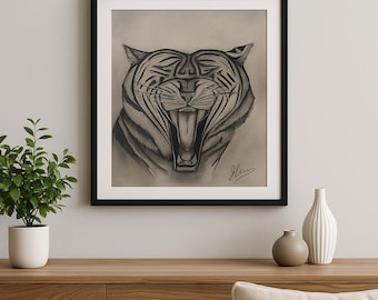 Original Tiger Drawing – 11x14 Graphite Roaring Tiger on Beige Paper –Animal Art