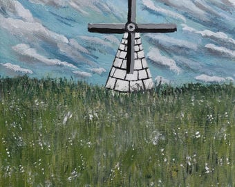 Meadow Whisper – Original 8x11” Acrylic Landscape Painting on Canvas, Windmill Meadow Wall Art