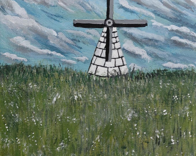Featured listing image: Meadow Whisper – Original 8x11” Acrylic Landscape Painting on Canvas, Windmill Meadow Wall Art