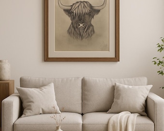 Highland Cow Printable Art – Rustic Farmhouse Animal Drawing (Digital Download)