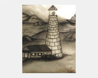The Quiet Coast – Original Charcoal Lighthouse Drawing (11"x14") by J. Dean