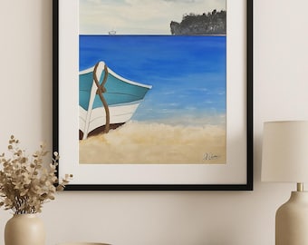 Bound to the Shore – Beached Boat Seascape | Coastal Wall Art | Printable Nautical Decor | Digital Download