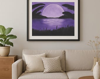 Reflections of Love - Purple Moonlit Lake Digital Wall Art