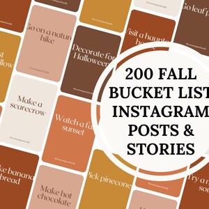 May include: A collection of fall-themed Instagram posts and stories. The image features cards with fall activities like "Roast marshmallow" and "Decorate for Halloween." The central text reads "200 Fall Bucket List Instagram Posts & Stories."