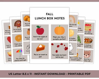 Puede incluir: Un conjunto de notas imprimibles para loncheras con temática otoñal. Cada nota presenta ilustraciones coloridas de calabazas, manzanas y otros símbolos otoñales, con mensajes alegres. El texto "FALL LUNCH BOX NOTES" se muestra en la parte superior.