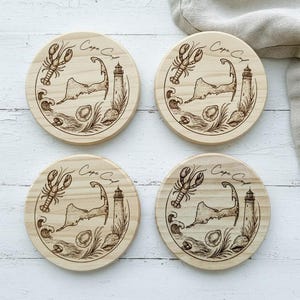 Cape Cod Nautical Wooden Coaster Set, Engraved - New England Lobster and lighthouse design