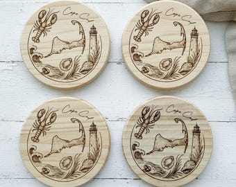 Cape Cod Nautical Wooden Coaster Set, Engraved - New England Lobster and lighthouse design
