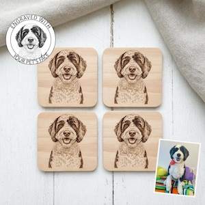 Custom Pet Coasters, Engraved Pet Portraits on Solid Wood – Dog, Cat, Horse & More