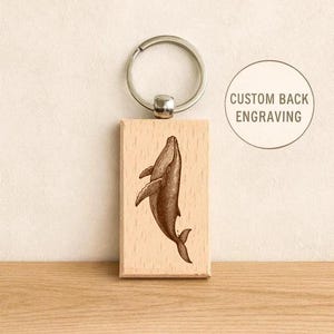 Engraved Wooden Whale Keychain – Custom Back Engraving | Nautical Gift, Ocean Lover Key Ring, Personalized Coastal Accessory