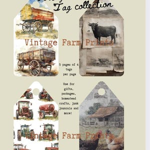 Vintage Farm Print Tags for gifts, homestead packages, junk journals and creative projects