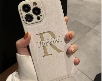 Personalized Leather iPhone Case with Custom Initial & Name – Luxury Monogram iPhone Case, Gift for Her/Him, Custom Letter Phone Cover