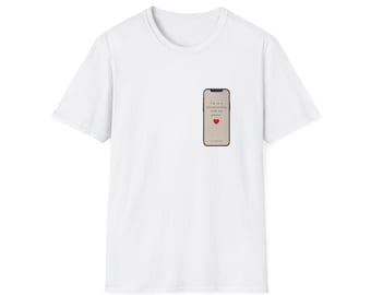 May include: White t-shirt with a small graphic of a smartphone on the chest. The phone displays the text "I'm in a relationship with my phone" and a red heart. The shirt is made of a soft, lightweight material.