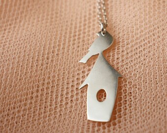 whimsical silver bird necklace with birdhouse / bird watching gift for girls who love birding