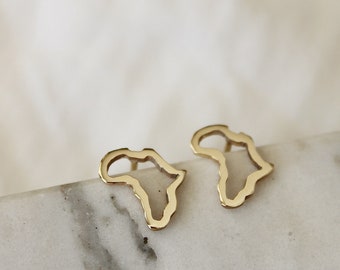 gold Africa outline earrings / delicate open Africa ear post studs / African silhouette jewellery handmade in solid gold