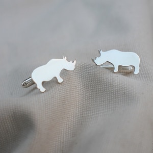 silver rhino cufflinks  / Africa themed safari bush wedding / African big five wildlife mens jewelry