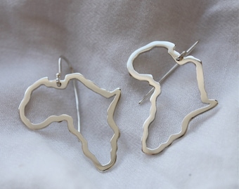 Africa outline earrings / bold African dangles / silver Map of Africa ear hooks / statement African drop earrings