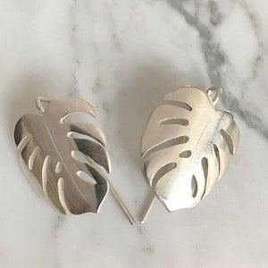 monstera earrings / silver delicious monster dangles / handmade monstera leaf earring / big statement drop earrings image 1