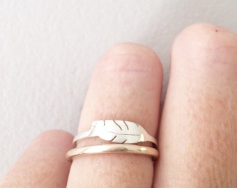 silver feather ring / leaf ring / stacking rings