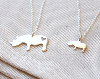 silver rhino necklace handmade in Africa / rhinoceros mom and baby wildlife charms / Africa safari gift