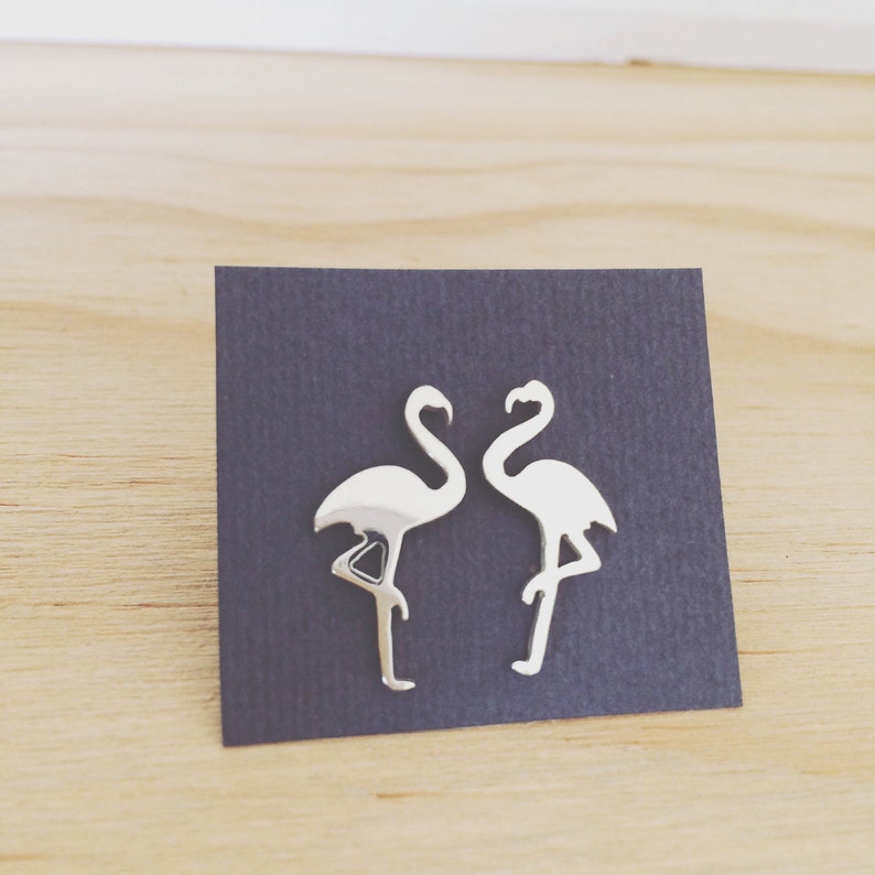 flamingo earrings / silver flamingo studs / tropical jewelry image 1