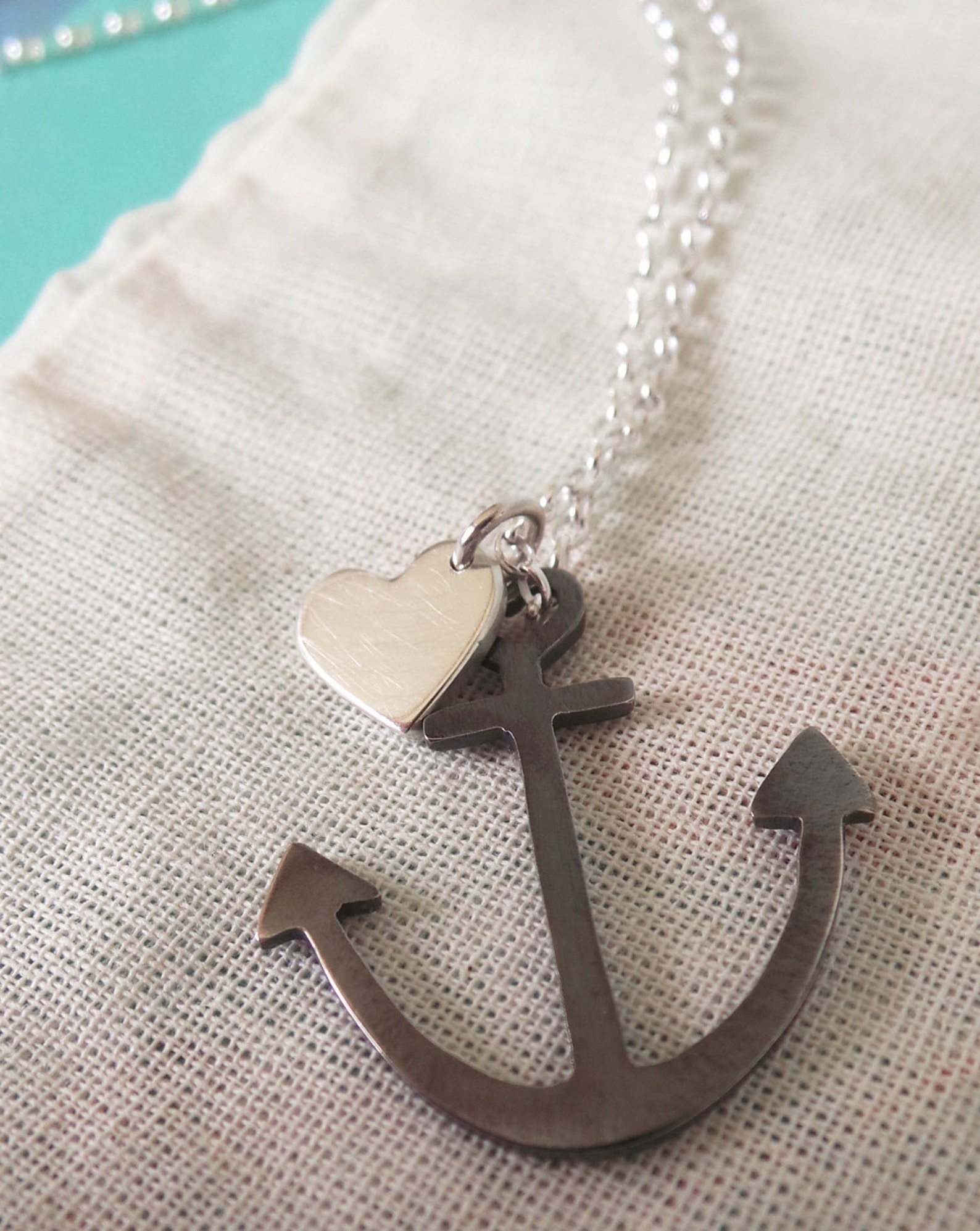 Anchor Necklace Black Anchor Anchor With Heart Charm Sterling Etsy
