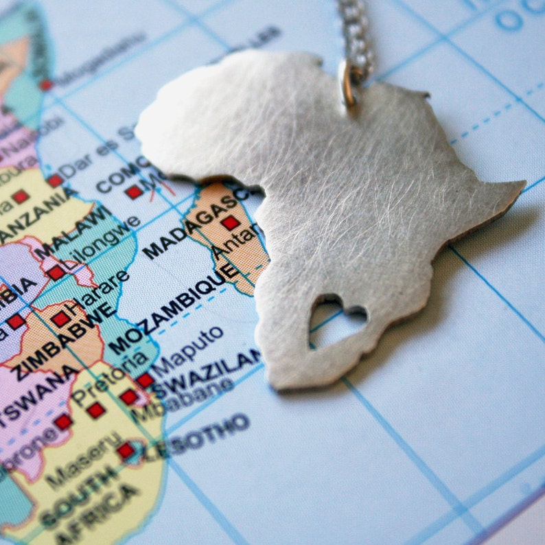 Africa necklace / 925 sterling silver African map with heart image 1