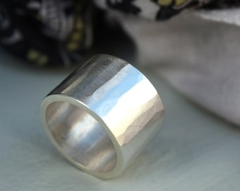 Wide Hammered Ring 14mm sterling band handmade ripple texture ring