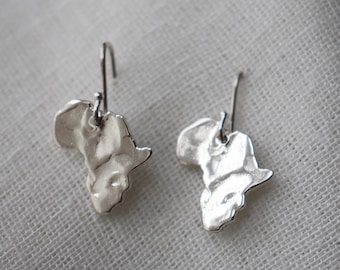 rustic Africa dangles / silver map of Africa drop earrings / chunky Africa earrings / textured Africa hook earrings