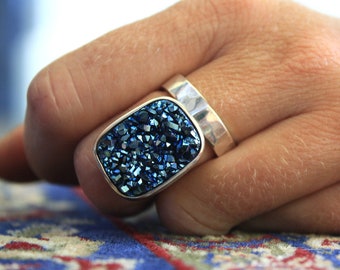 Blue Drusy Ring - Arabian Nights - blue crystal ring, gemstone ring, electric blue stone