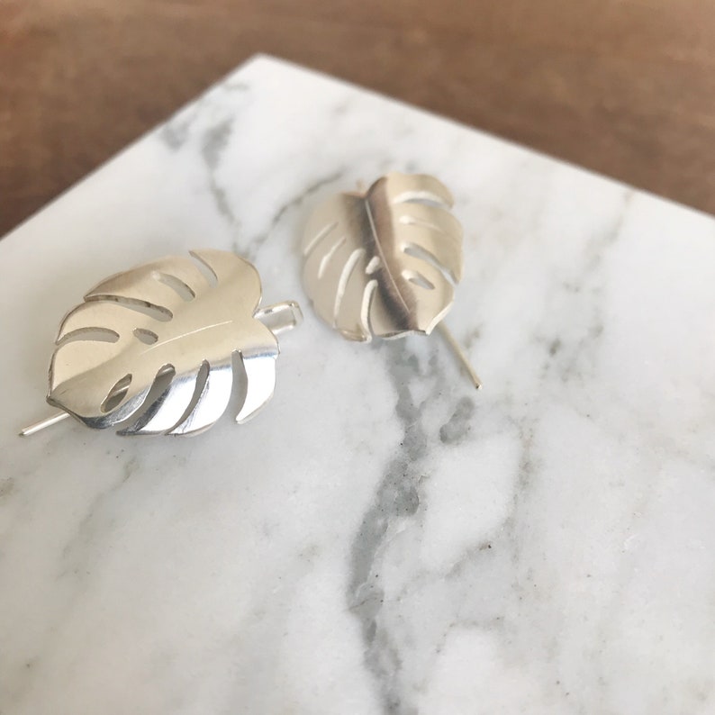 monstera earrings / silver delicious monster dangles / handmade monstera leaf earring / big statement drop earrings image 4