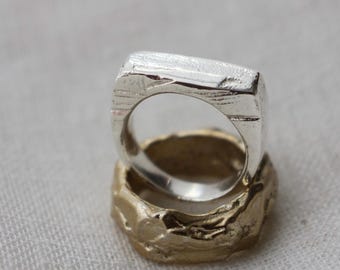 heavy textured rectangular signet ring sand cast in sterling silver / organic style wedding or stacking ring